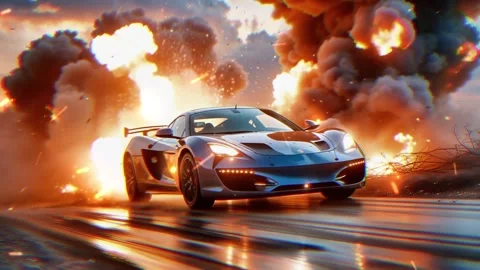 A high-performance supercar racing at high speed through a massive explosion Stock Footage 307070772