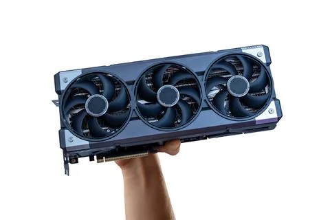 High performance triple fan graphics card held in hand isolated on white ba.. Stock Photos