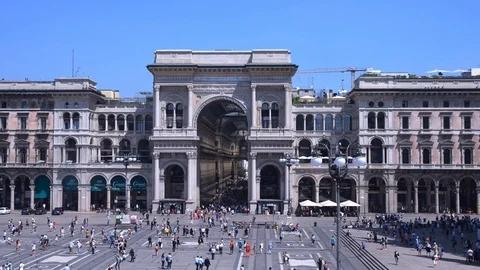 High persepective view of busy entrance to the Galleria Vittorio Emanuele II at Stock Footage 108853486