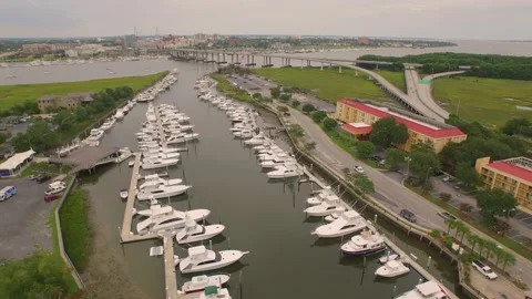 High perspective of a boat marina Stock Footage 167372147