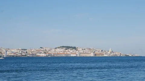 High perspective time lapse of Lisbon old city center, view from Almada Stock Footage 104043718