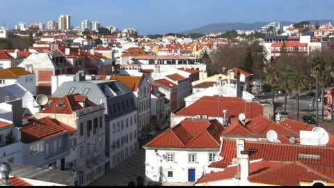 High perspective view of deserted Camoes Square in Cascais, Portugal Stock Footage 147508358