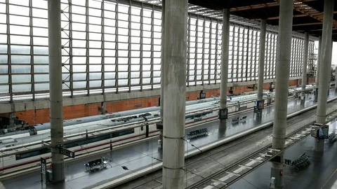 High perspective view of passengers and trains at Atocha, the the main railway Stock Footage 119522513