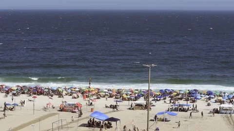 High perspective view of people at Copacabana Beach in Rio de Janeiro, Brazil Stock Footage 258872679