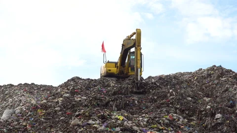 High Pile Of Garbage Dredged By Excavator. Indonesia Stock Footage
