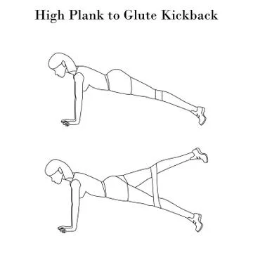 High plank to glute kickback exercise outline Stock Illustration