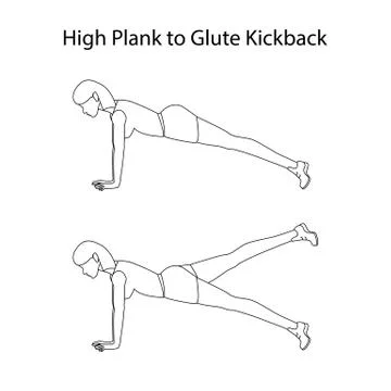 High plank to glute kickback exercise outline Stock Illustration