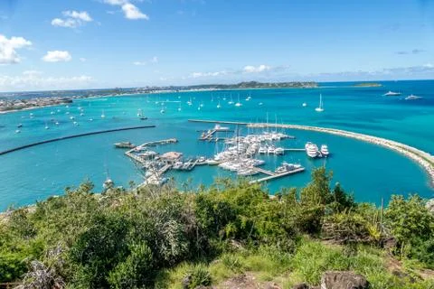 High point view of the marina in Marigot. French Saint Martin. Stock Photos
