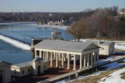 High point view over Fairmount Water Works historical landmark and boathouse  Stock Photos