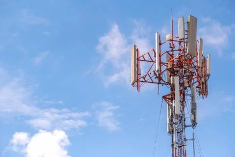 High pole and line cable telecommunication transmission for signal 5G 4G and Stock Photos