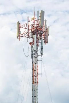 High pole and line cable telecommunication transmission for signal 5G 4G and Stock Photos