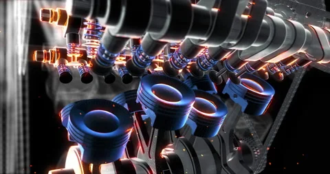 High power burning V8 engine in motion. Explosions and flames. Perfect Loop. Video stock 229655779