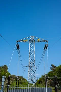 High power lines terminating to a ground station Stock-Fotos