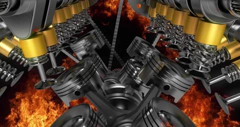 High power V8 engine working and generating power. Flames and explosions. Video stock 229482514