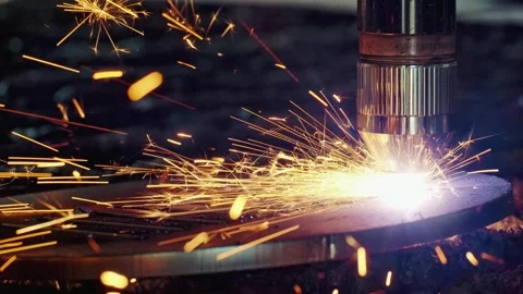 High Precision CNC Laser Cutter Processing Steel Sheet With Sparks In Factory Stock Footage 320158726