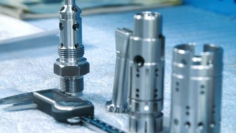 High-precision equipment at factory. Electronic caliper and steel parts Stock Footage 111978309