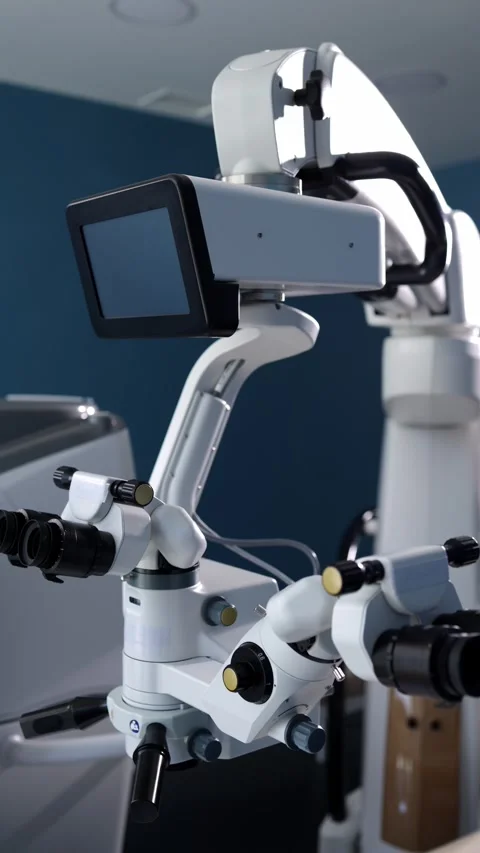 High-precision medical microscope with advanced optics and display screen Stock Footage 337386190