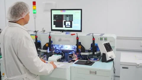 High-precision nanotechnology machine for installing semiconductor microchips on Stock Footage 315766663