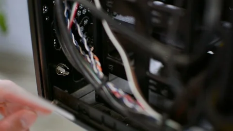 High pressure cleaning inside PC personal computer chasis case hand closeup 스톡 동영상 91222037