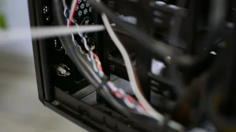 High pressure cleaning inside PC personal computer chasis case hand closeup Stockbeeldmateriaal 91222387