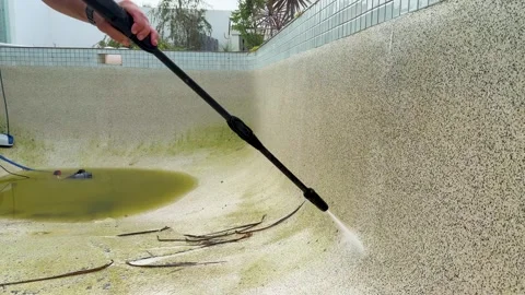 High Pressure Water Blast Cleaning Dirty Concrete Swimming Pool Walls Stock Footage 336934701