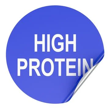 High Protein sticker, blue round badge with peeled corner. 3D rendering Ilustración de archivo