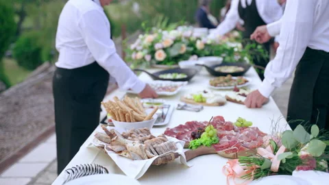 High-qualified restaurant waiters in uniform serving official exit party Video stock 209153386