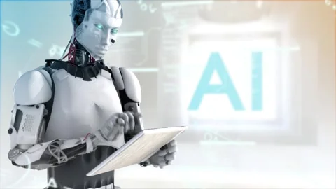 High quality 3D animation of a humanoid AI robot using an iPad style Stock Footage 245432178
