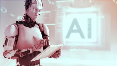 High quality 3D animation of a humanoid AI robot using an iPad style Stock Footage 245432184