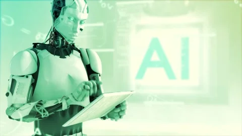 High quality 3D animation of a humanoid AI robot using an iPad style Stock Footage 245432188