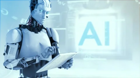 High quality 3D animation of a humanoid AI robot using an iPad style Stock Footage 245432739