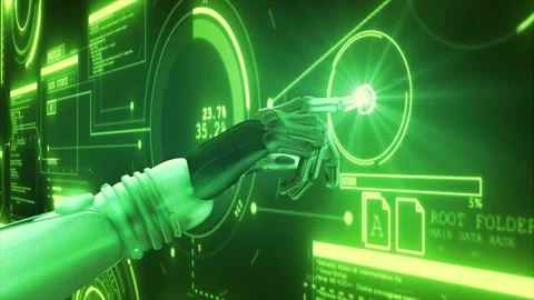 High quality 3D CGI render of a robot arm touching and activating a Stock Footage 237978527