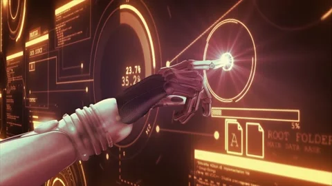 High quality 3D CGI render of a robot arm touching and activating a Stock Footage 237979297