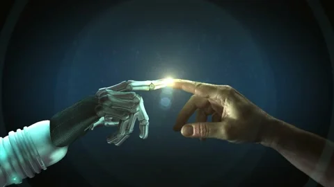 High quality 3D CGI of a robot arm reaching out and touching index Stock Footage 238883126