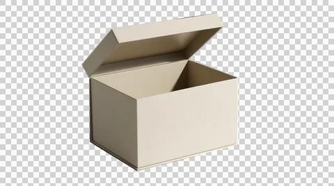A high-quality 3D render of an empty, plain cardboard gift box shown half-open Stock Photos
