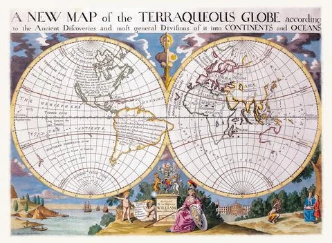 High Quality Antique World Map - Edward Wells 1700 Stock Photos