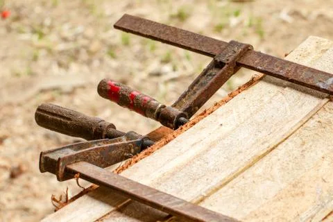 High quality carpentry press mounted on lightweight balsa planks,essential for Foto stock