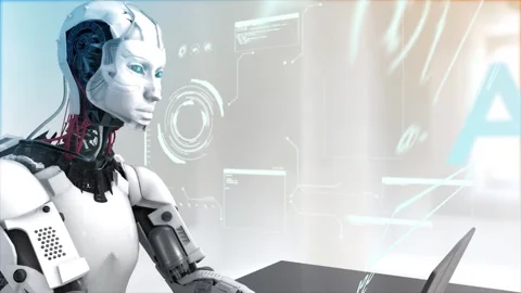 High quality CGI pullback shot of an Artificial Intelligence humaniod Stock Footage 244645342