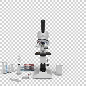 A high-quality compound microscope with accompanying lab equipment Фото