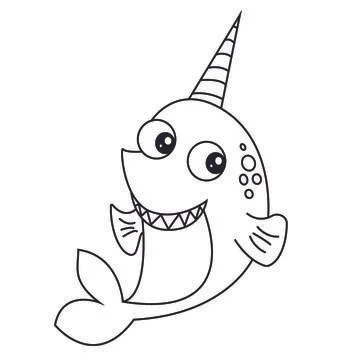 High-Quality cute Narwhal Fish animal doodle. Line Drawing Vector Illustration. Illustrazione stock