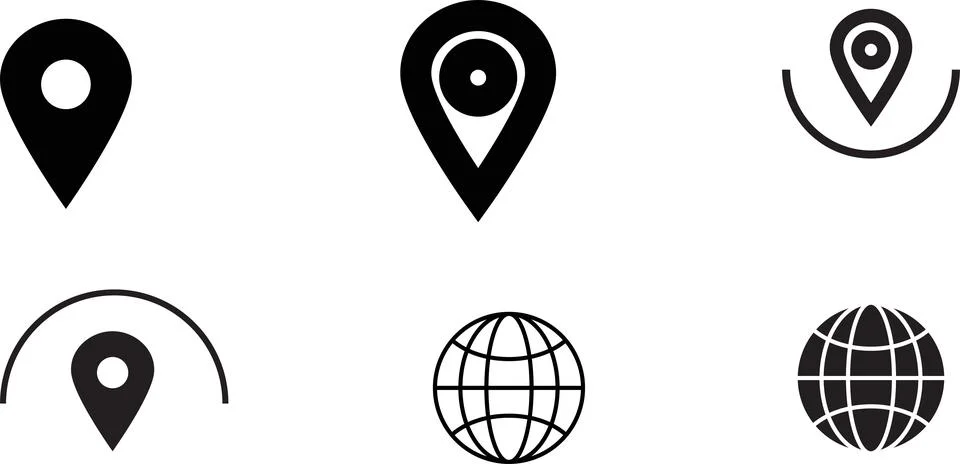 High Quality GPS Map Pin Icons Set with Location Markers and Globe Symbols Stock-Illustration