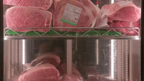 High quality kobe wagyu beef in clear refrigeration Stock Footage 233108460