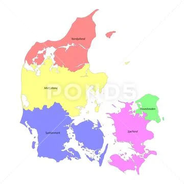 High quality labeled map of Denmark with borders of the regions ...