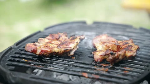 High-quality meat steaks roasting on BBQ grid on burning fire and smoking Video stock 164384060
