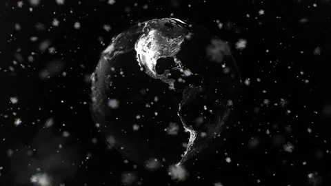 High quality motion animation snow falling  and Earth planet on black background Stock Footage 117116371