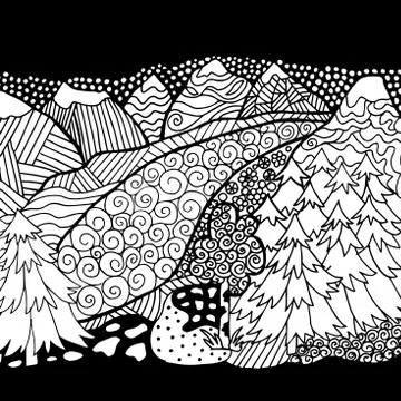 High quality mountain and forest coloring for adult Stock Illustration