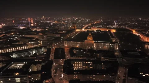 High quality night drone shot of the Bavarian State Chancellery in downtown Stock Footage 324067463