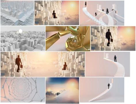 High quality render of several futuristic and business scenes with many eleme Stock Illustration