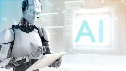 High quality rotating CGI shot of a humanoid AI robot using an iPad style Stock Footage 245432054