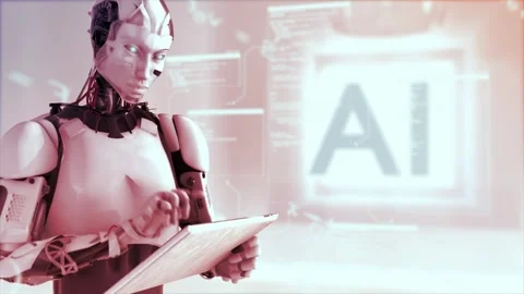 High quality rotating CGI shot of a humanoid AI robot using an iPad style Stock Footage 245432252